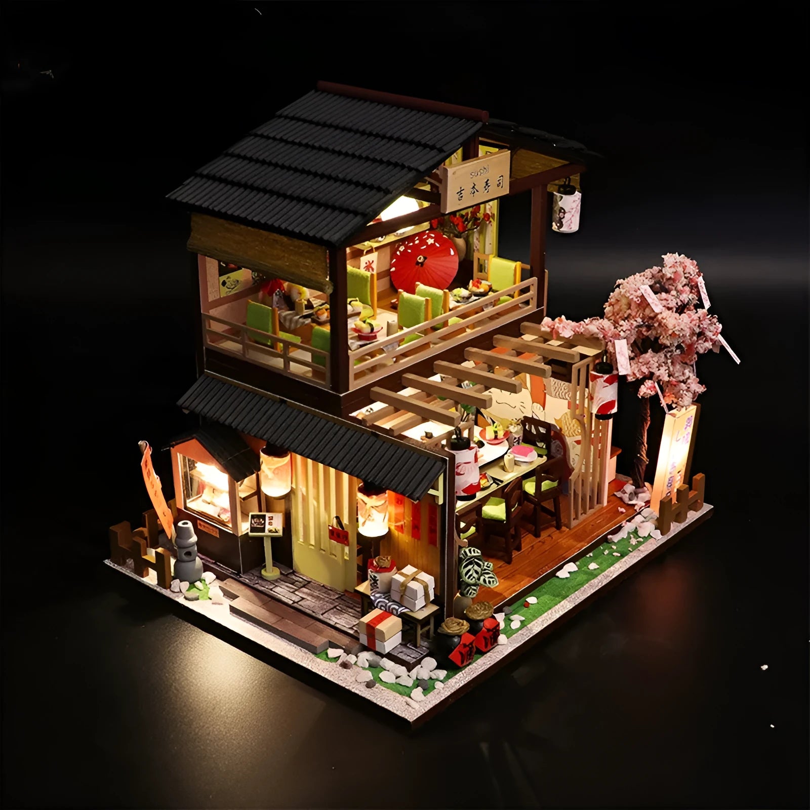 Japanese style sushi restaurant wooden building model kit with flash function, assembled on a shelf