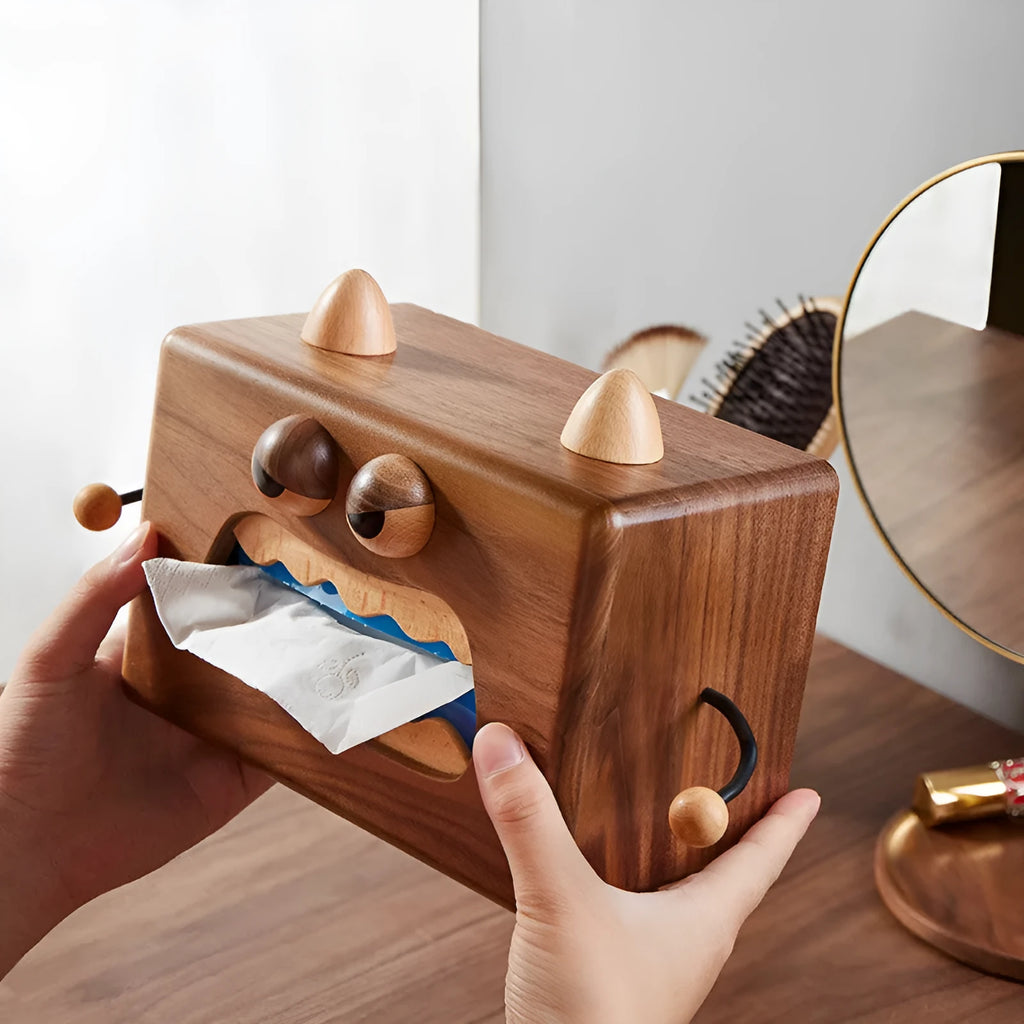 Little Monster cartoon design wooden tissue box in walnut beech finish, 190mm wide.