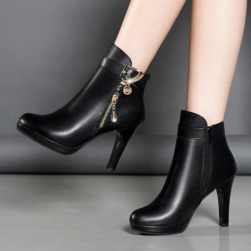 Women's autumn leather boots, pointed toe, high heel, black artificial PU, rubber sole