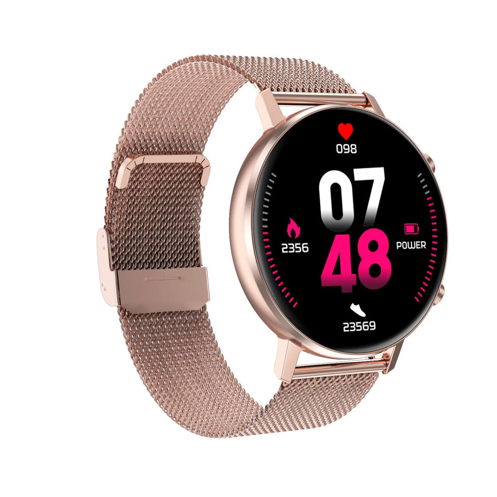 DT96 smart bracelet with 1.3-inch screen on a steel strap, shown in silver.