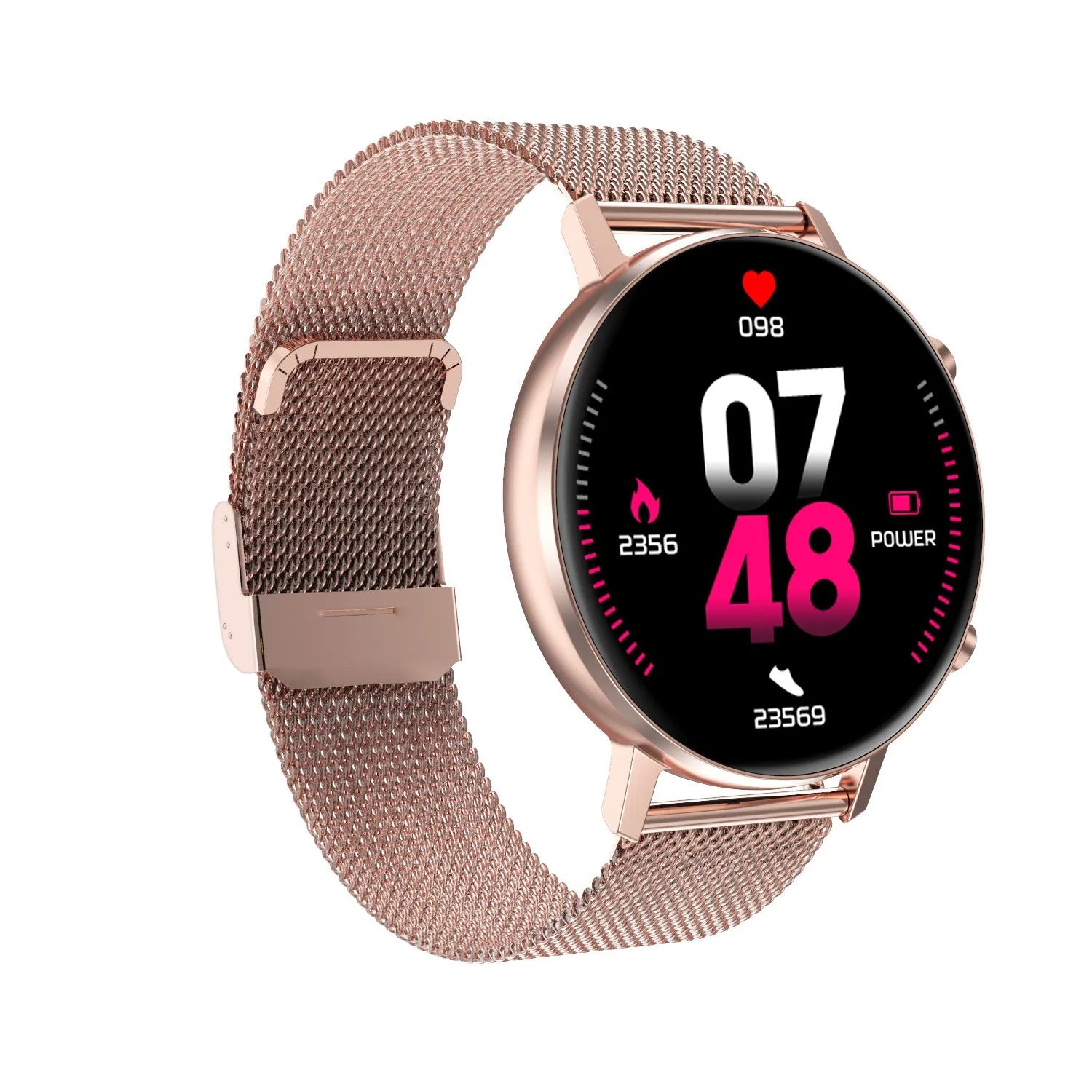 DT96 smart bracelet with 1.3-inch screen on a steel strap, shown in silver.