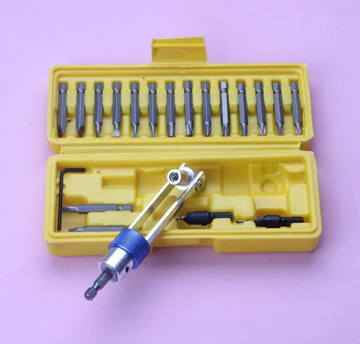 Half Time Drill driver with swivel head and set of Phillips, flathead, and countersink bits for power drills