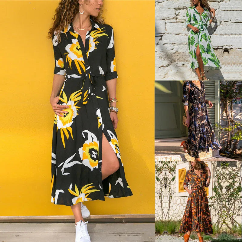 Women's chiffon V-neck dress with A-line skirt and printing pattern design in multiple colour options