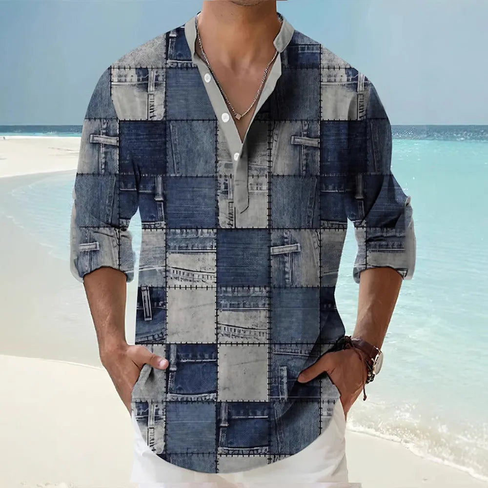 Long sleeve Hawaiian shirt with digital bamboo linen striped pattern in cardigan style