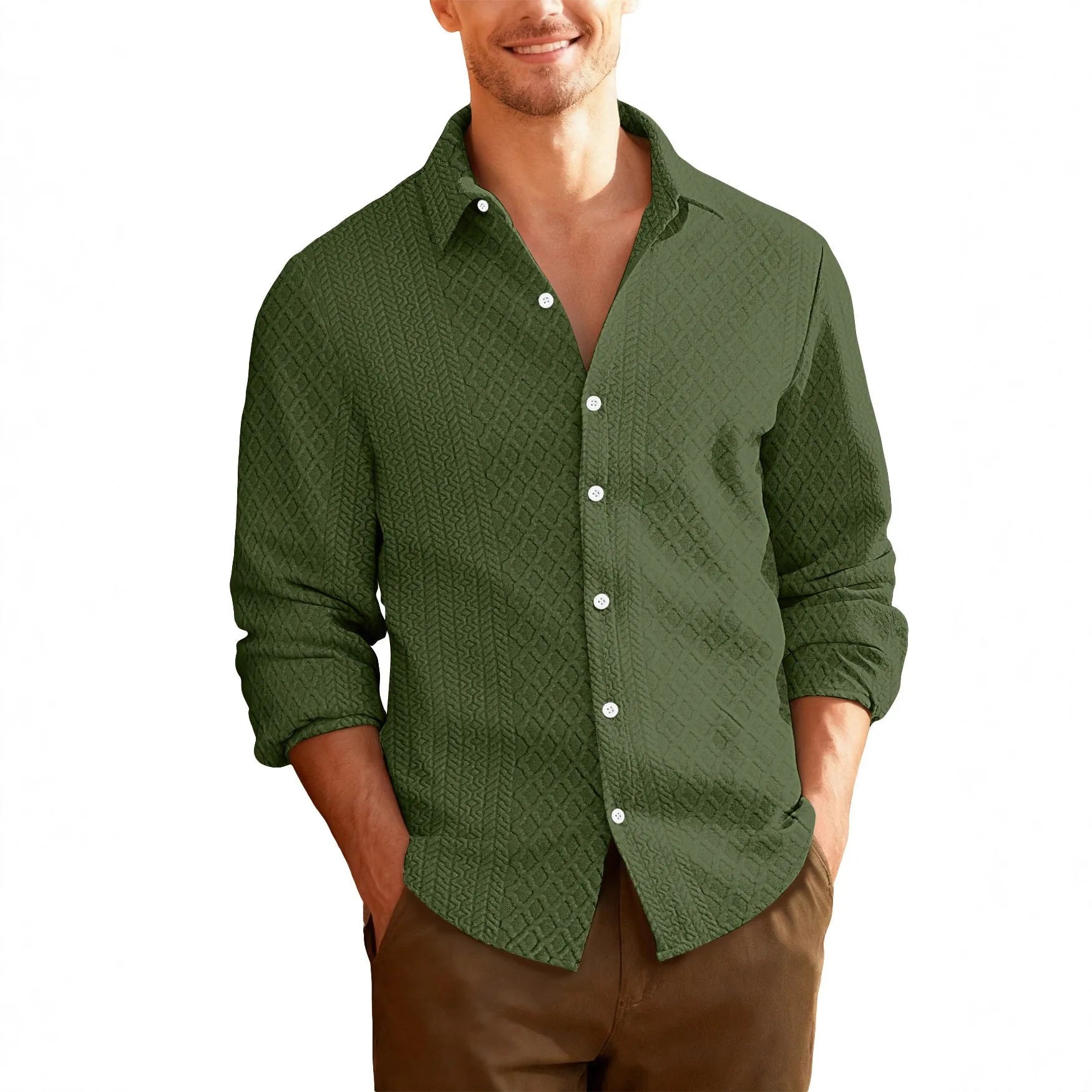 Men's knitted cardigan jacket in army green with lapel collar and long sleeves, slim fit polyester design
