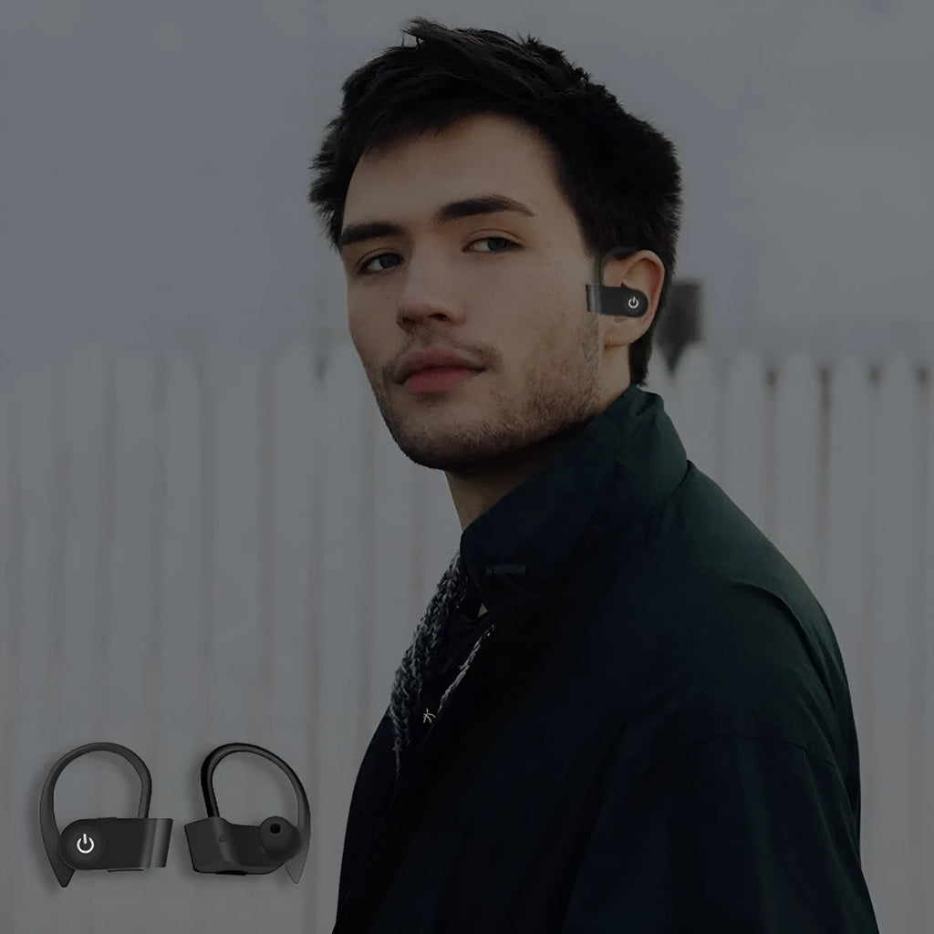 Black wireless Bluetooth in-ear headphones with ergonomic design and silicone ear tips.