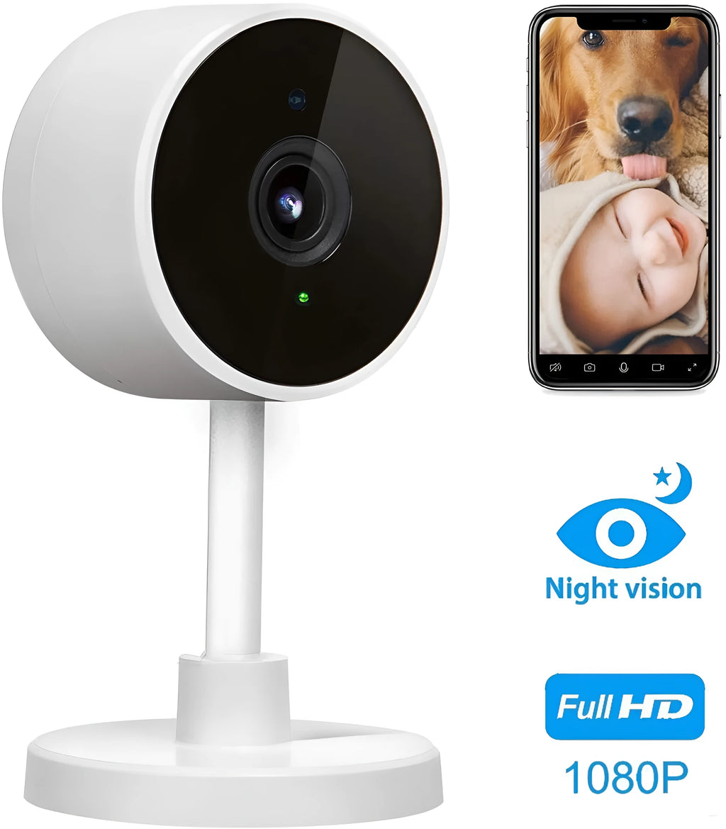 White WiFi home security camera in gun camera style with 1080p HD resolution and microSD card slot