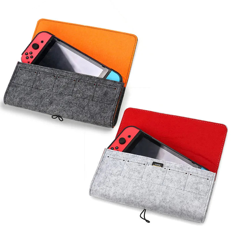 Black felt Nintendo Switch pouch showing game card slots and double storage layers