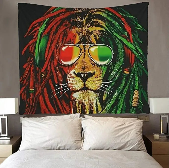 Lion tapestry wall hanging European style polyester lion king art in a living room setting