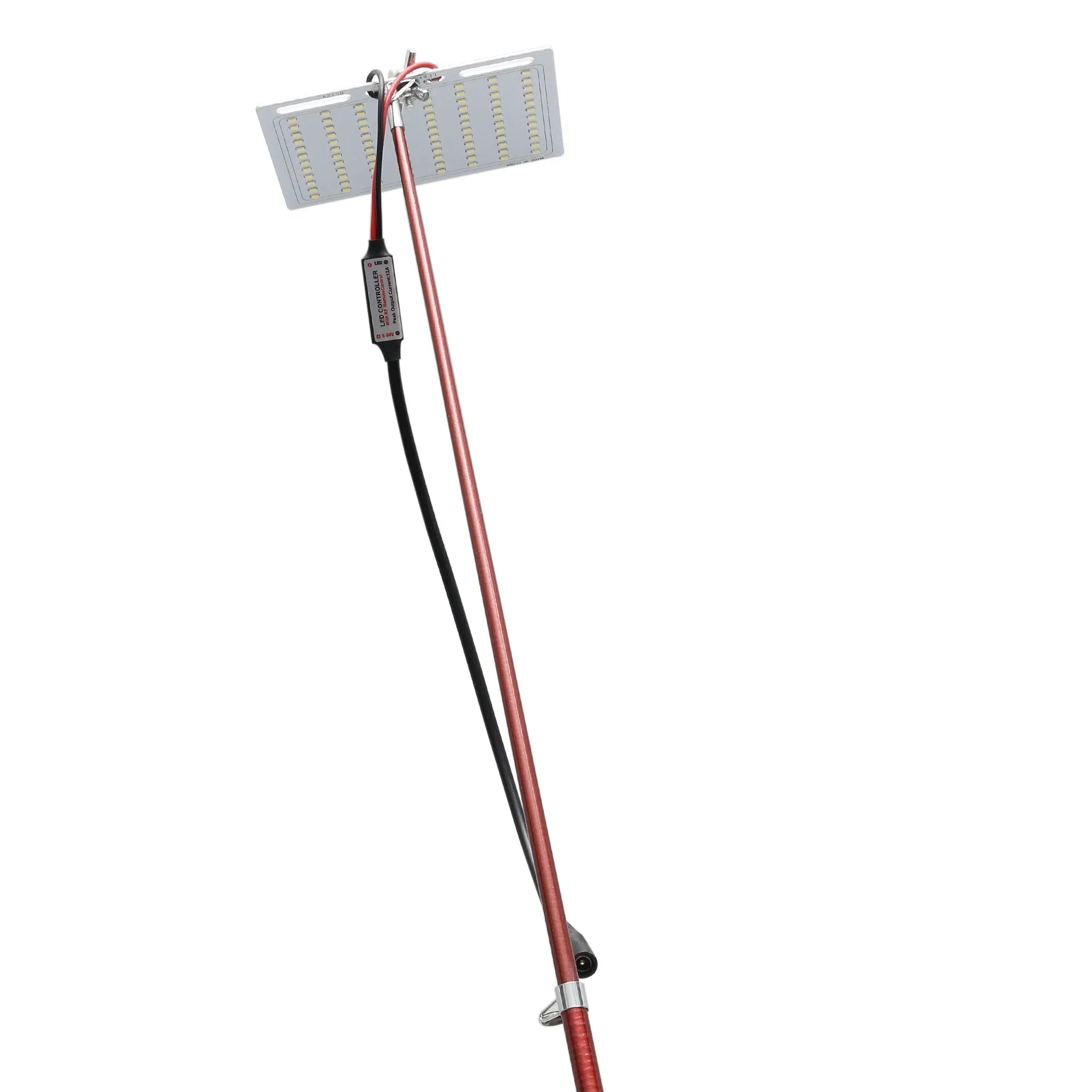 White LED fishing rod light unit mounted on a tall telescopic pole for outdoor portable lighting.
