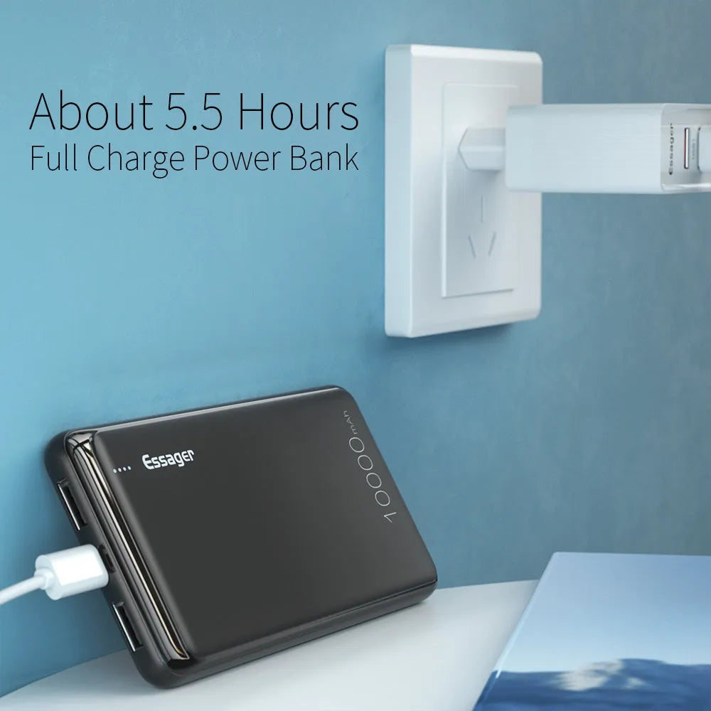 Essager Small Jane black and white 10000mAh portable power bank with dual USB ports and LED indicators.
