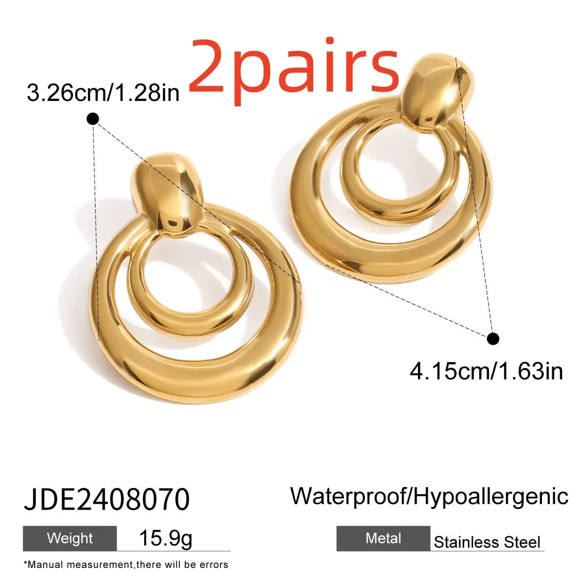 Gold round geometric stud earrings with double layer hollow construction and 18K gold electroplated finish