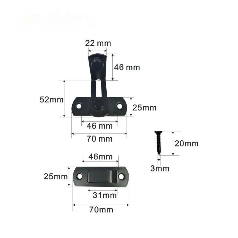 Black carbon steel and stainless steel sliding door lock with a 90-degree latch and flat shackle.