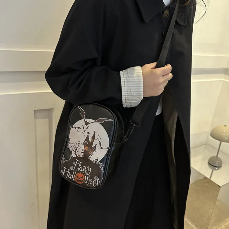Halloween graffiti print crossbody bag with pumpkin ghost bat design in PU leather