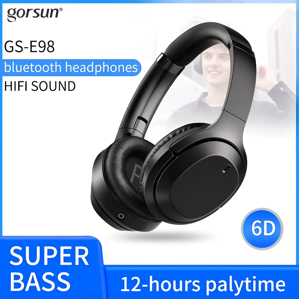 Black Gorsun E98 wireless over-ear Bluetooth headphones with adjustable headband and memory-protein ear cushions