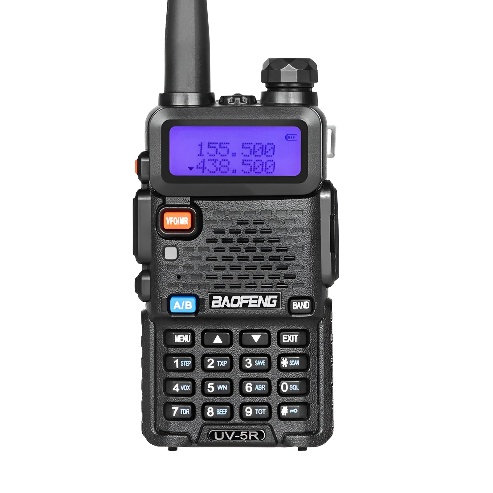 Professional handheld VHF UHF two-way radio walkie talkie with extended antenna.