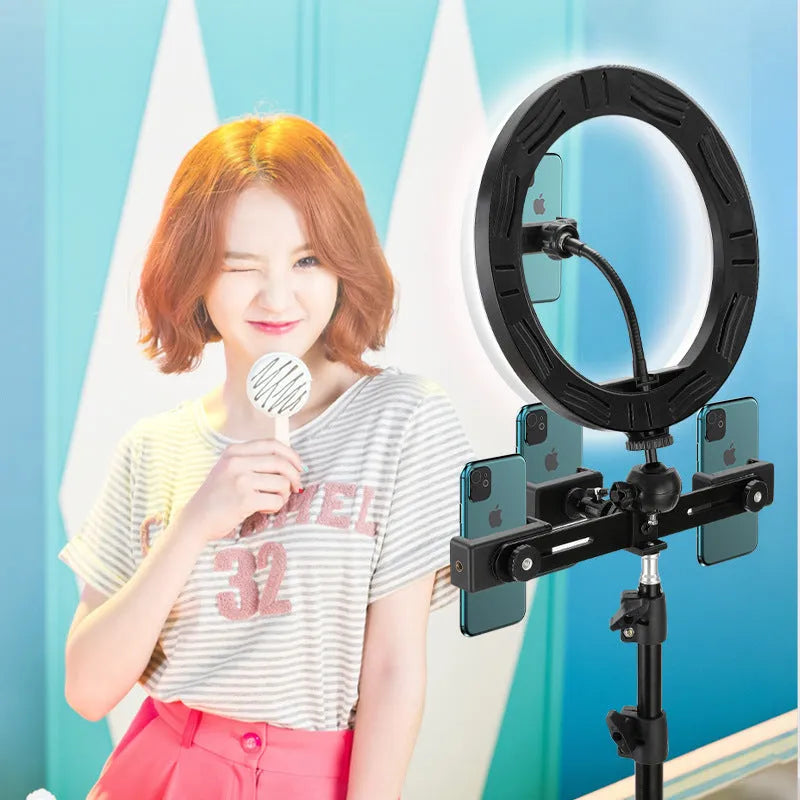 10-inch smartphone ring light on a 19cm adjustable metal tripod stand for selfies and video.