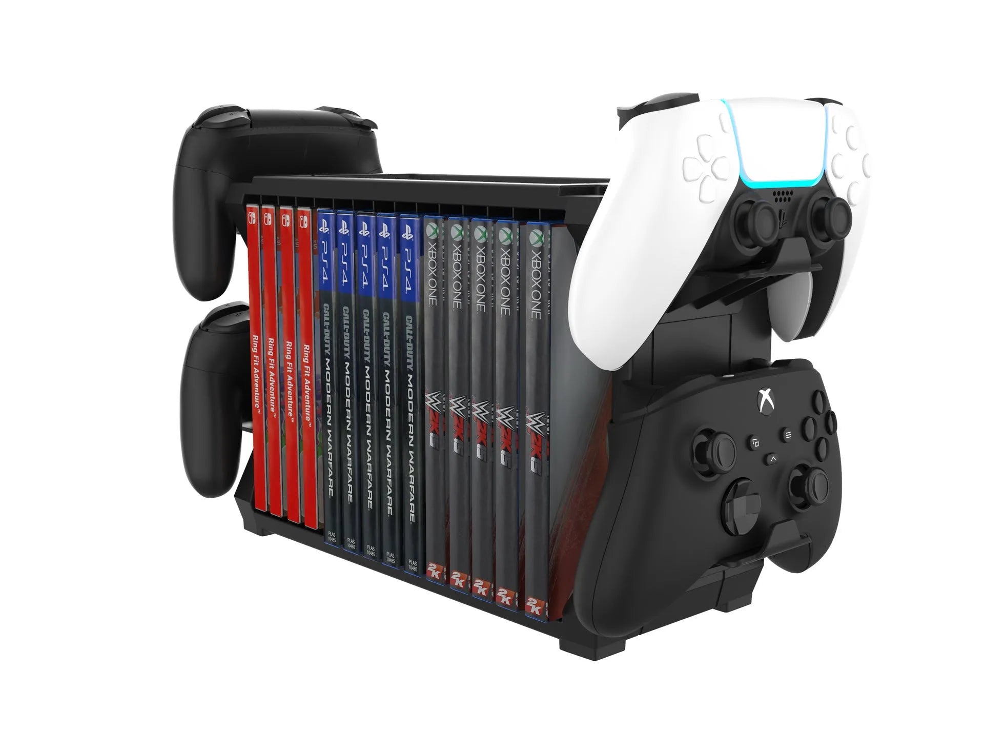 Black ABS gaming organiser stand holding game cases and four controllers for PS5 and Xbox Series X.