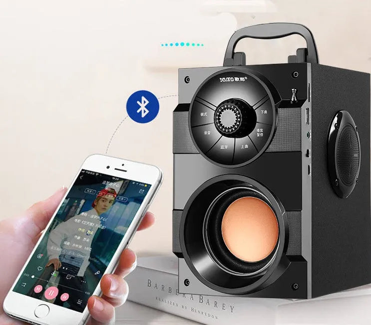 Black mini portable audio system with subwoofer, satellite speakers, and 1.2m connection cable