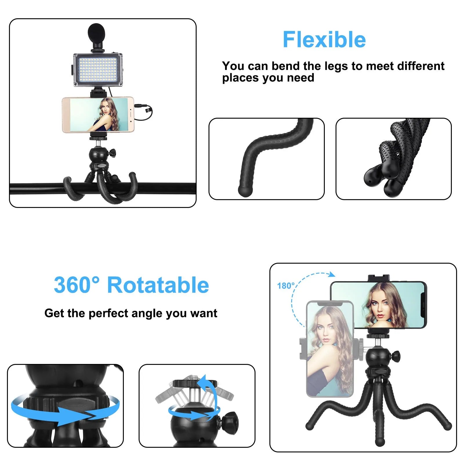 Black octopus tripod kit with flexible legs, fill light, and microphone for iPhone live streaming