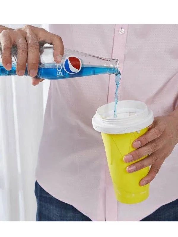 Blue silicone freeze cup with pinch design for chilling smoothies, showing double-layer construction and built-in coolant.