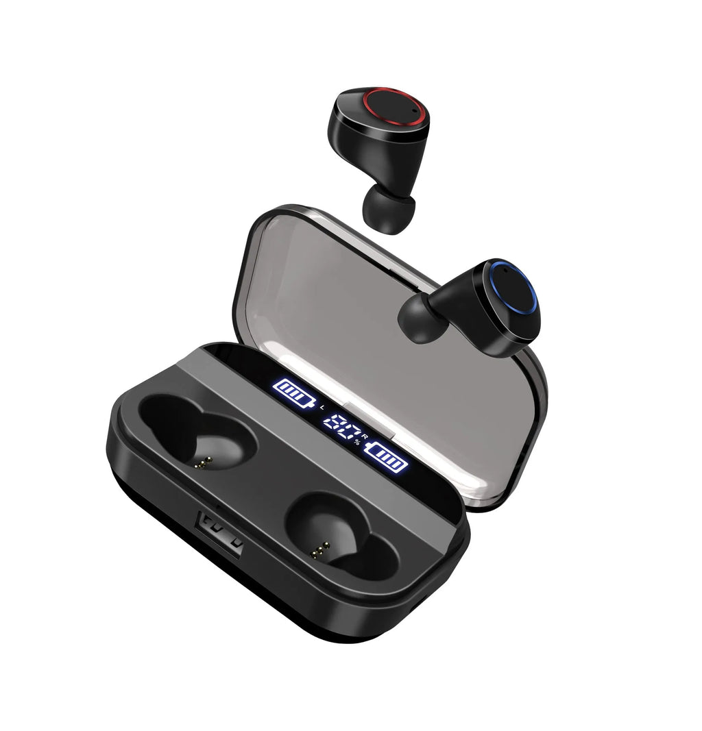 Black X11 Sky-Free wireless Bluetooth earbuds with touch controls and a white charging case.