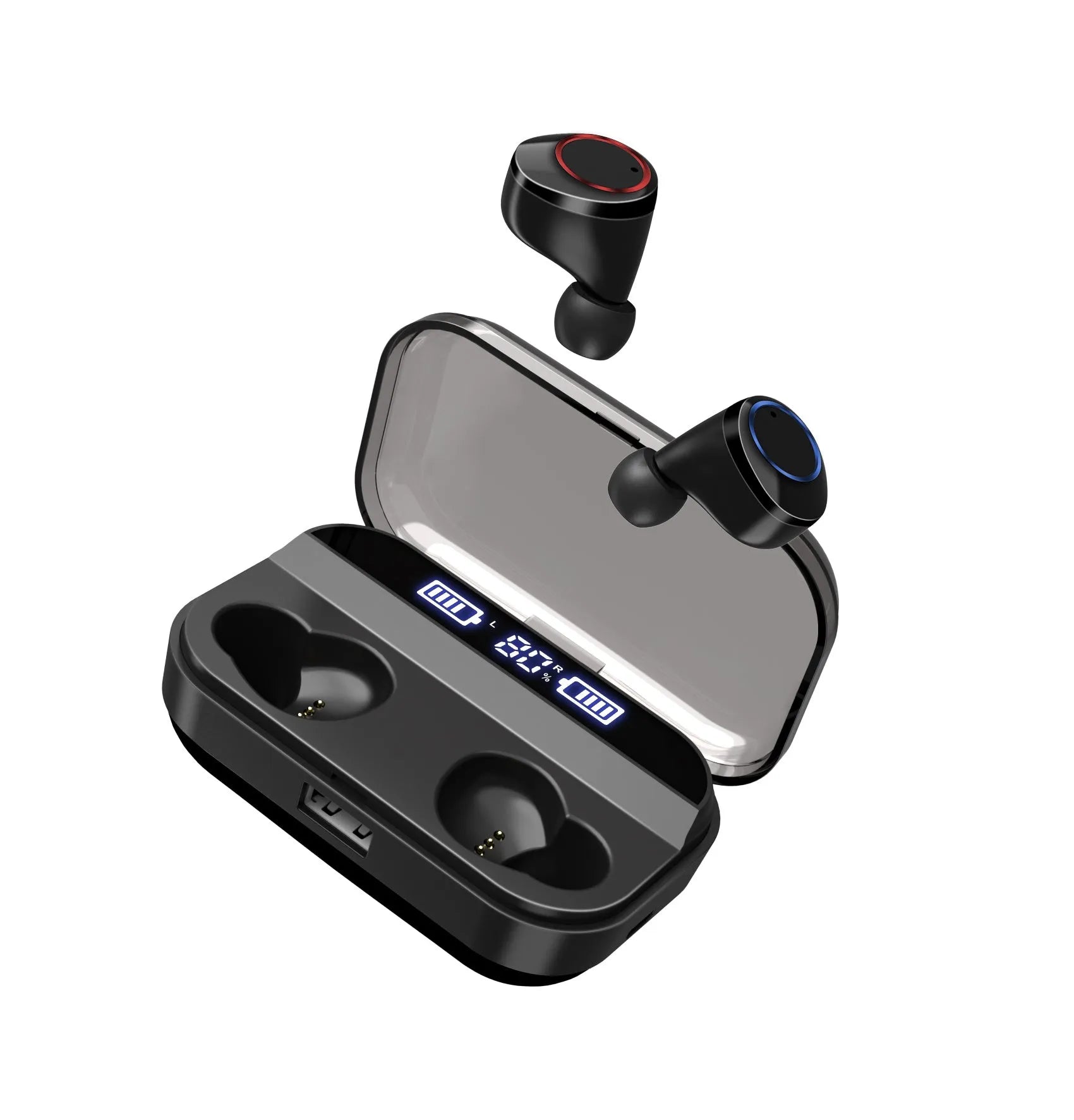 Black X11 Sky-Free wireless Bluetooth earbuds with touch controls and a white charging case.
