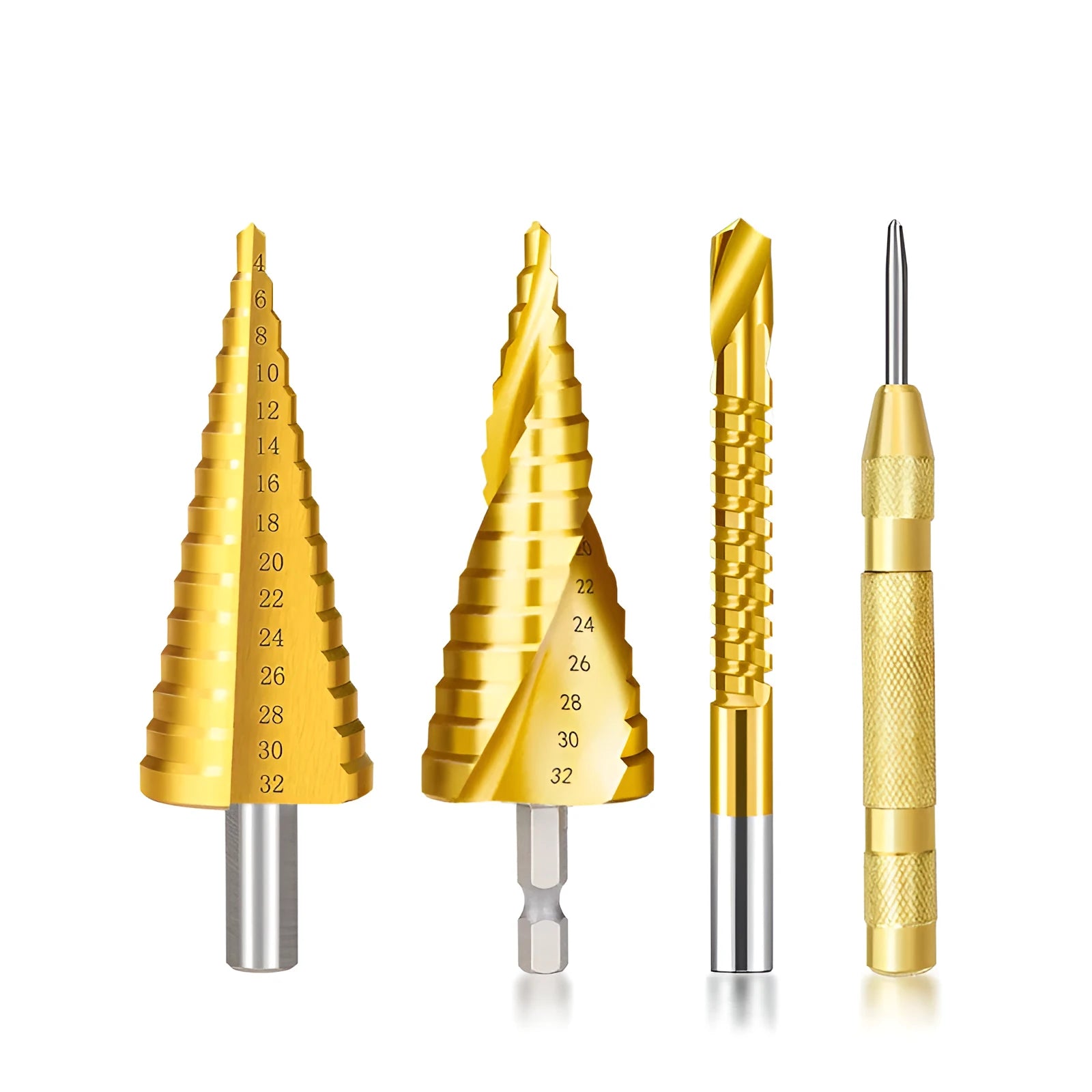 Cone step drill bit set with centre punch in high-speed steel for metalworking projects