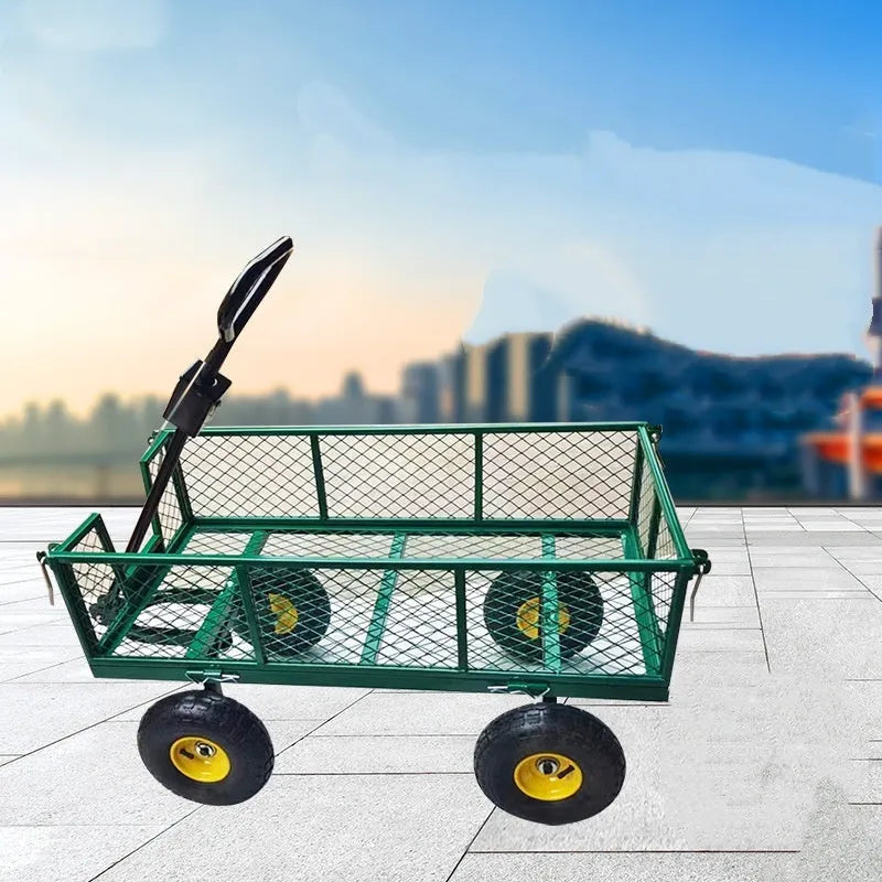 Four-Wheel Hand Push Net Cart Handling Express Transport Trolley Iron Construction 350kg Load 18kg Self-Weight Green Terrain Rubber Wheels 180° Steering Detachable Frame Multi-Use