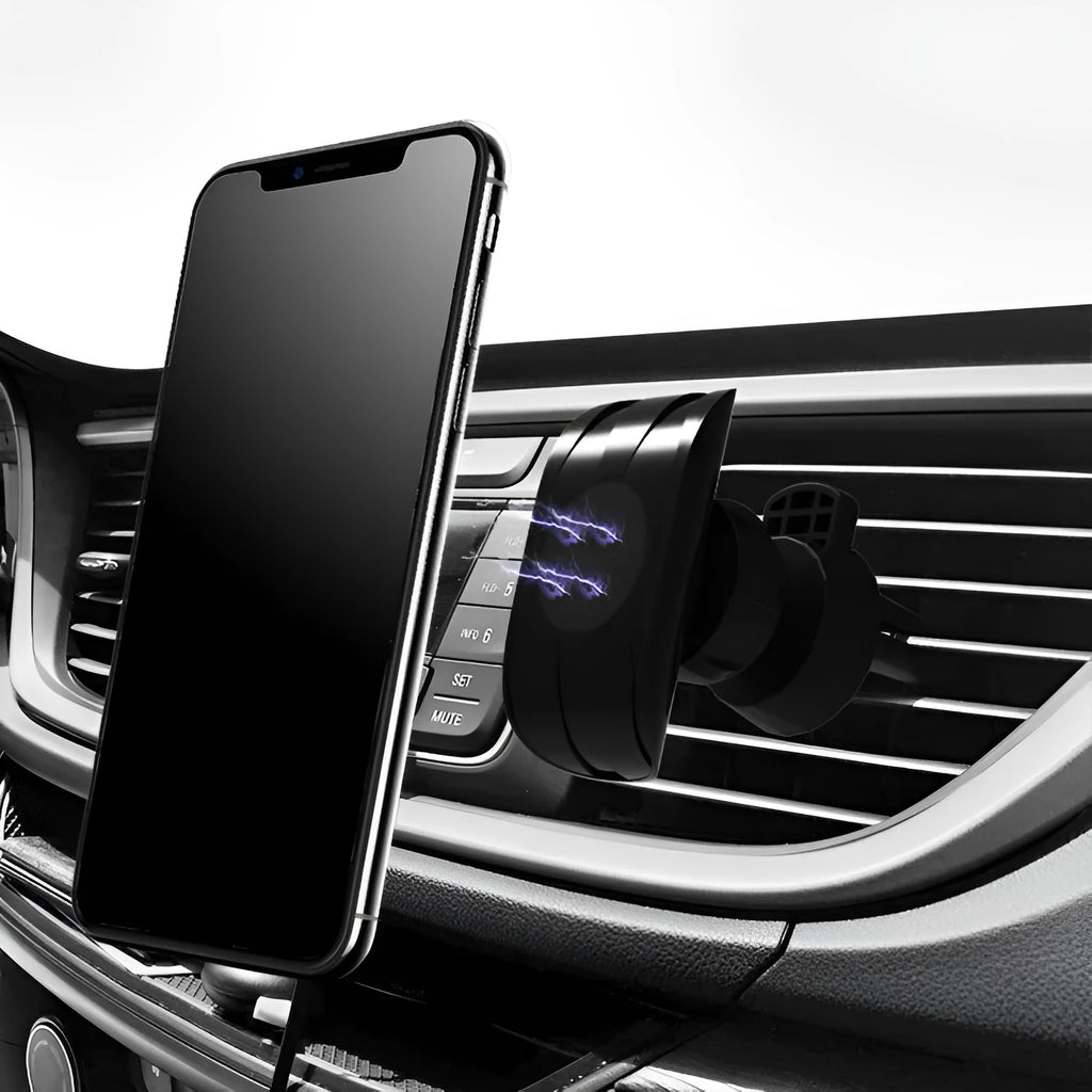 Black car phone holder mounted on car air vent with adjustable clamp and flexible positioning arm