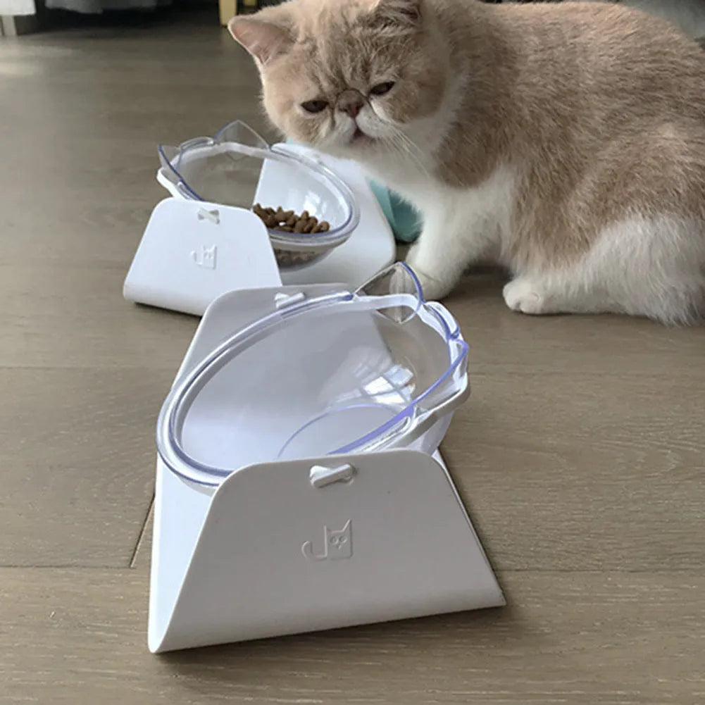 Adjustable plastic cat bowl in white with a 15-degree angle and non-slip base