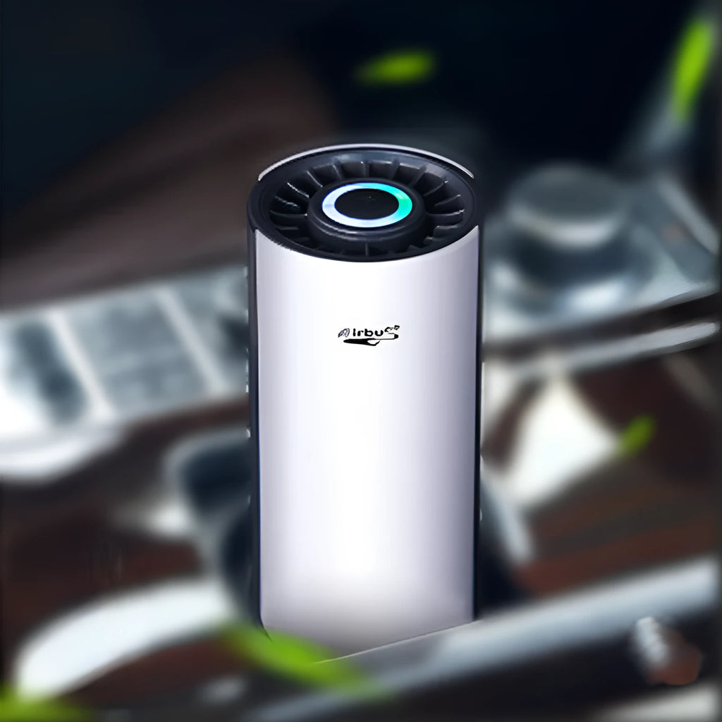 AB-8830 white matte ABS car air purifier with negative ion function placed in cup holder