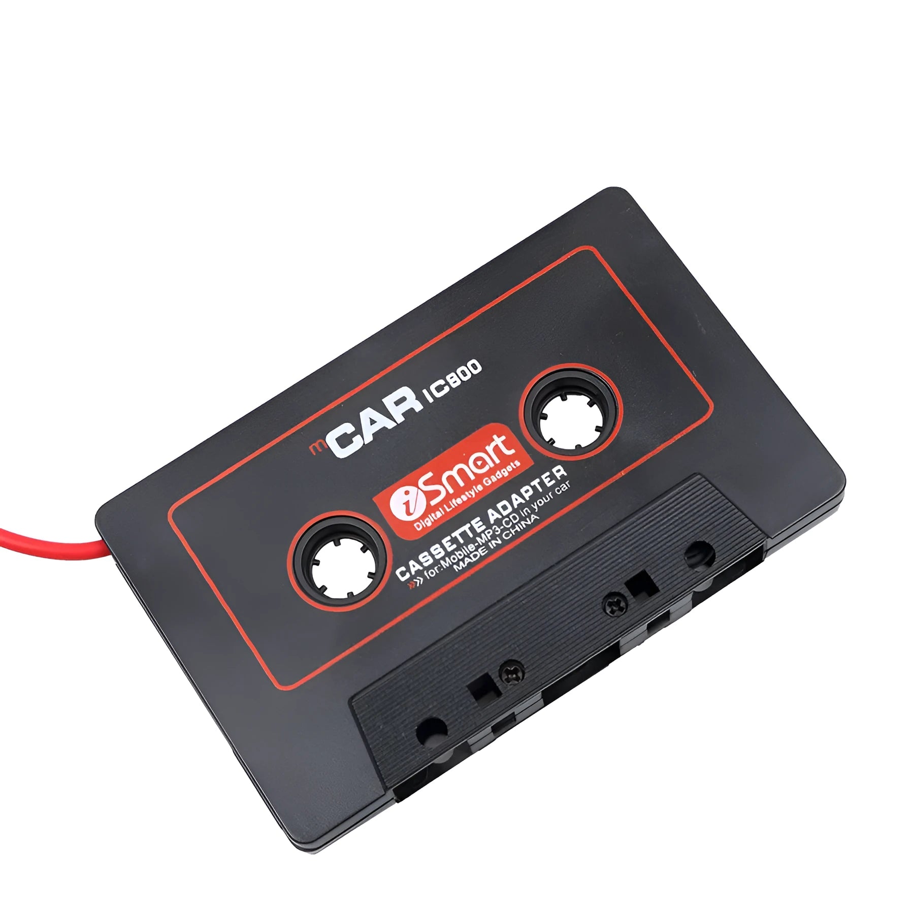 Black car cassette adapter for connecting MP3 players and mobile phones to car stereos via 3.5mm jack