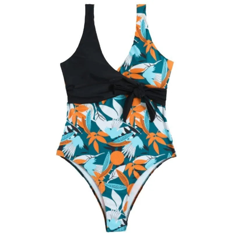 Women's high-waist one-piece swimsuit in printed pattern design with polyester and nylon construction