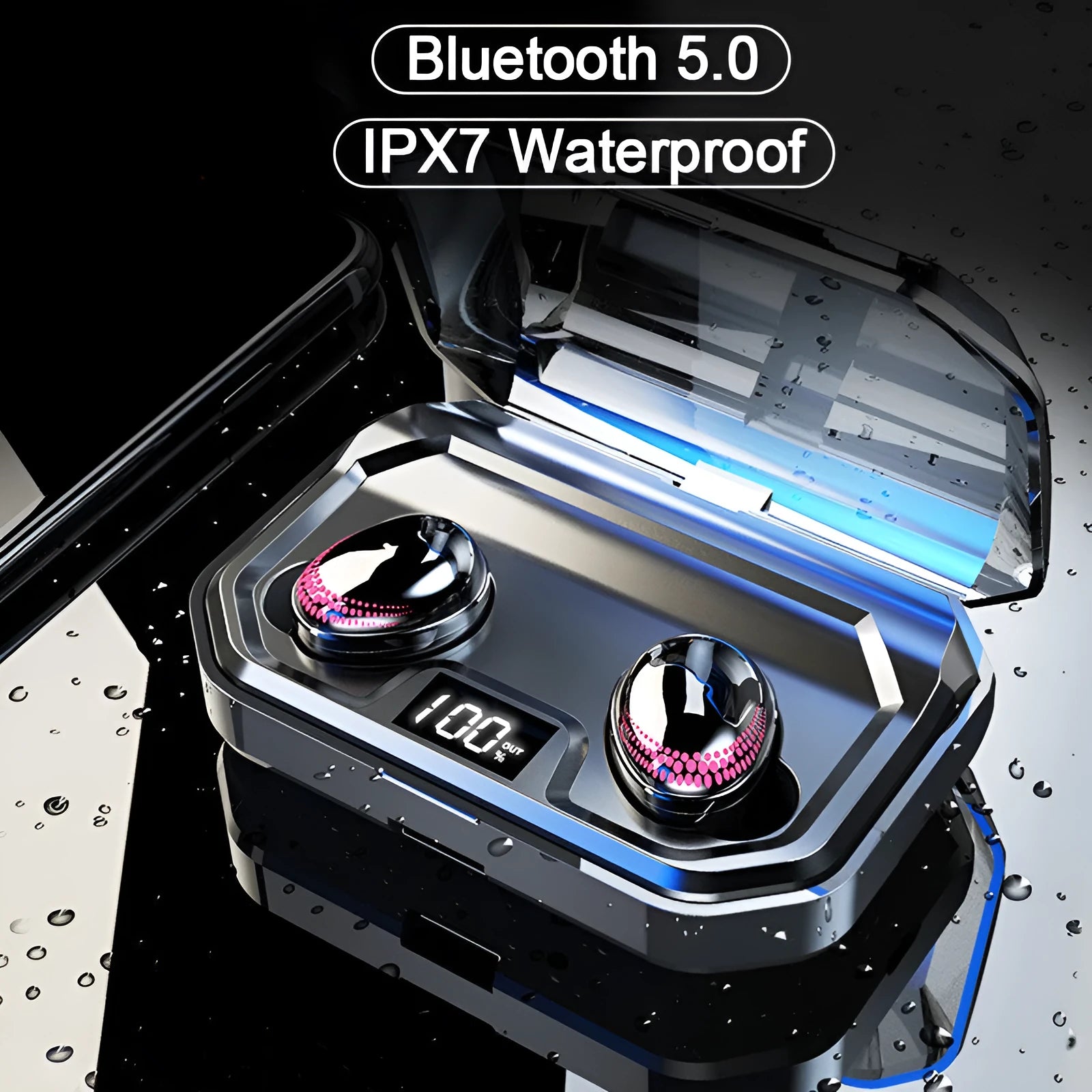 Black X10 Bluetooth headset with charging case showing dimensions and battery specifications
