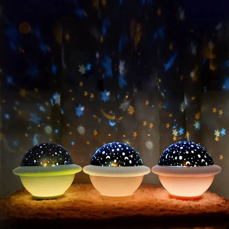 UFO-shaped starry sky projection night light in plastic construction with LED illumination