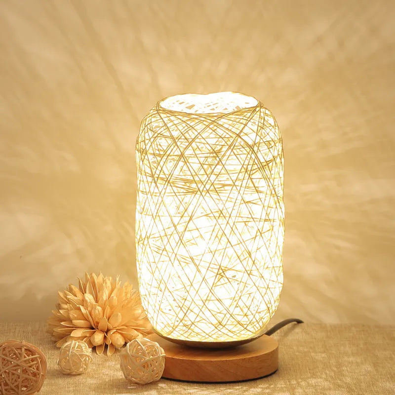Twine Sepak Takraw desk lamp with woven hemp rope shade on solid wood base