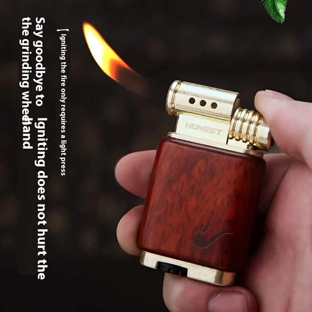 Decorative metal gas lighter with detailed Black Wood and Rosewood finish designs.