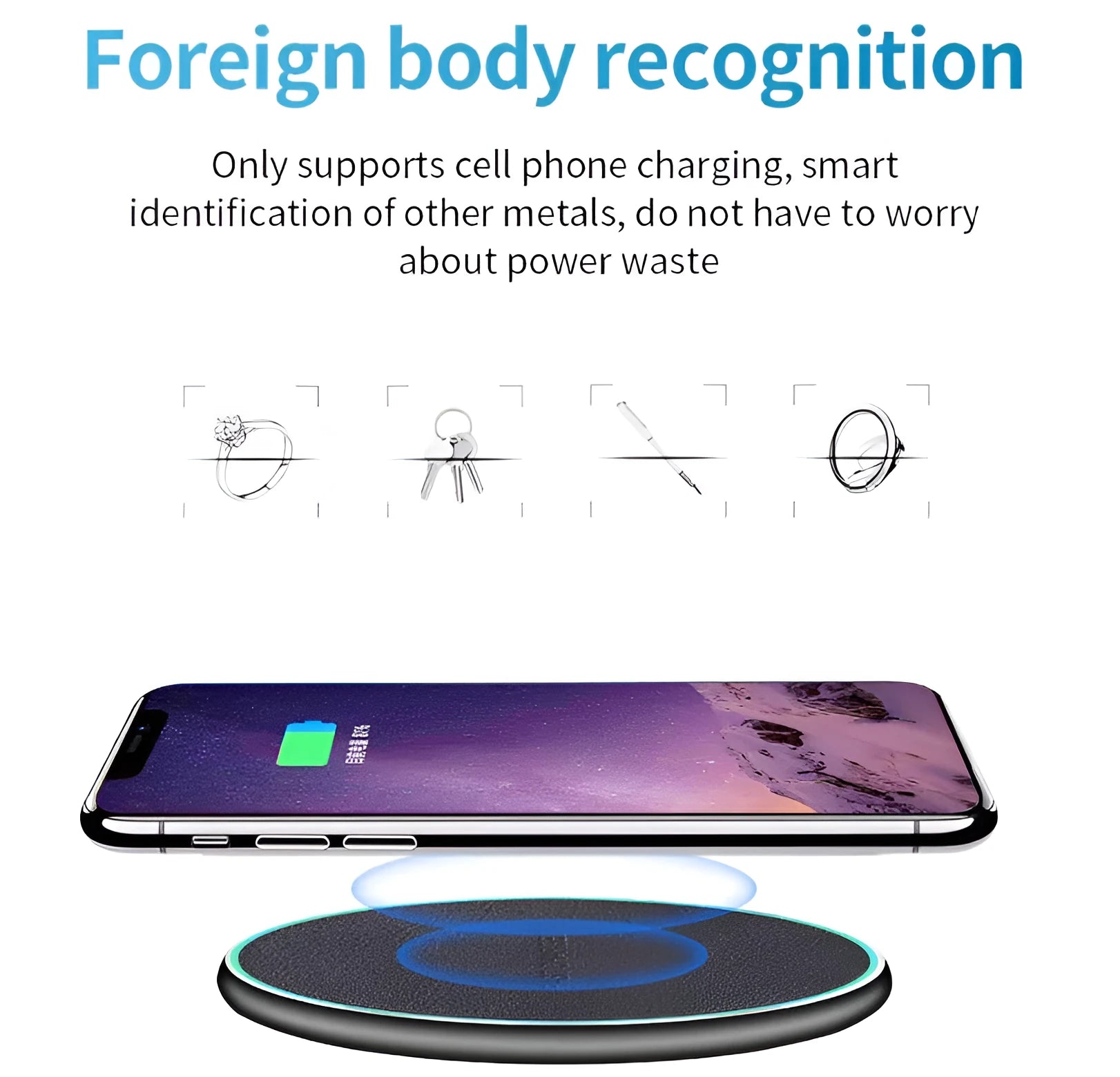 Black Qi wireless charging pad for iPhone 11 on a wooden surface.