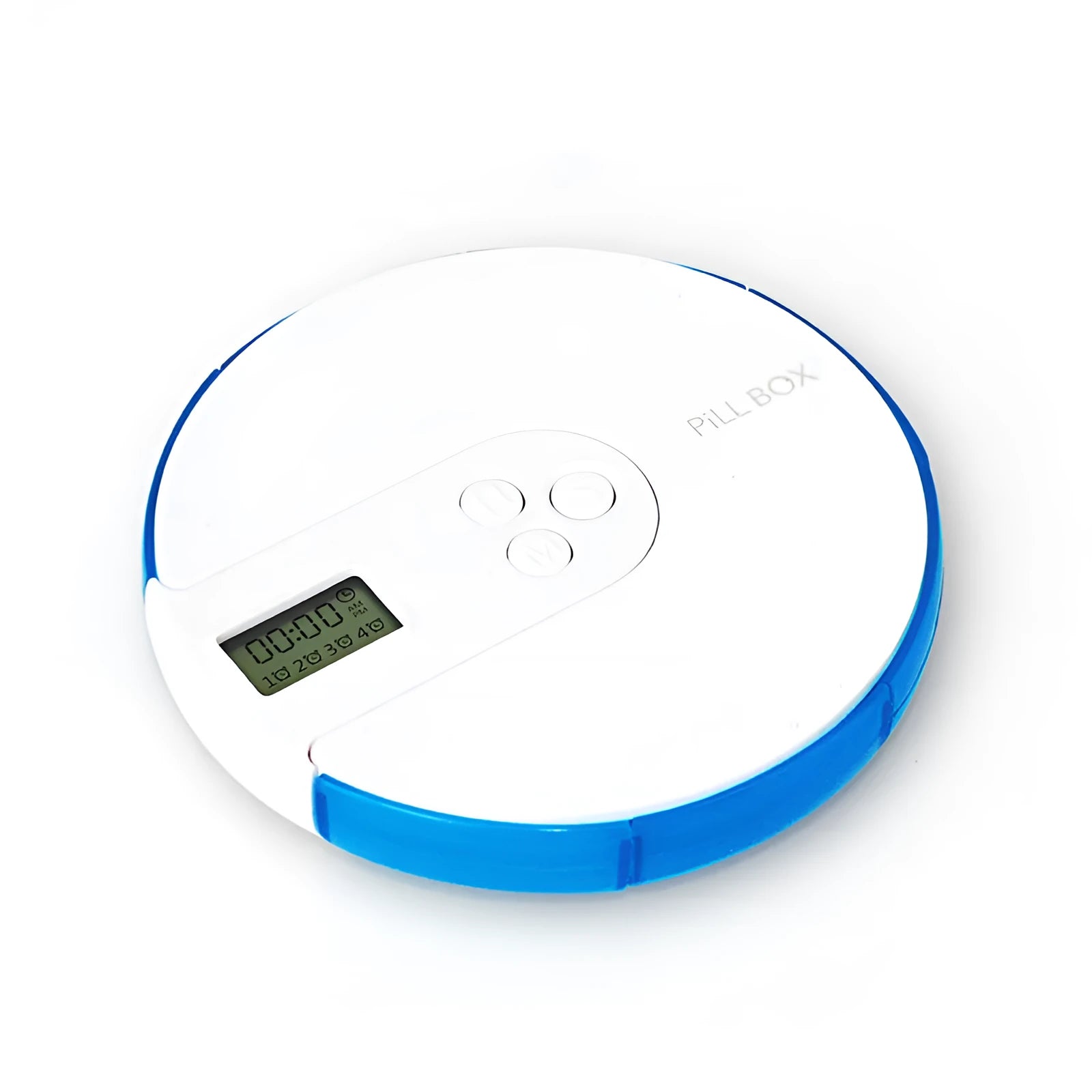 7-compartment alarm clock pill dispenser in blue plastic with digital display
