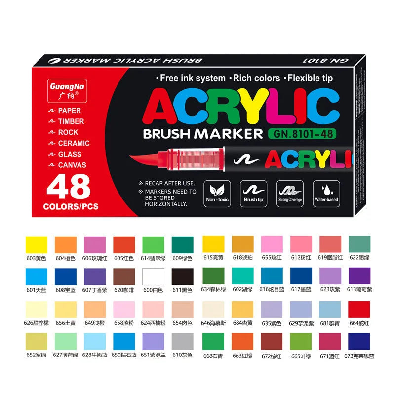 Set of straight liquid acrylic marker pens with soft flexible tips in multiple colour options