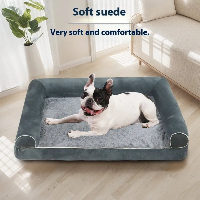 Square blue cloth dog bed with sponge foam cushion for medium-sized dogs on a wooden floor.