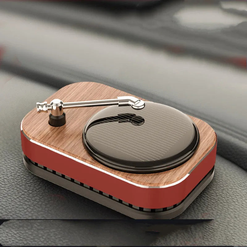 Solar-powered gramophone record player car aromatherapy diffuser in classic black colour