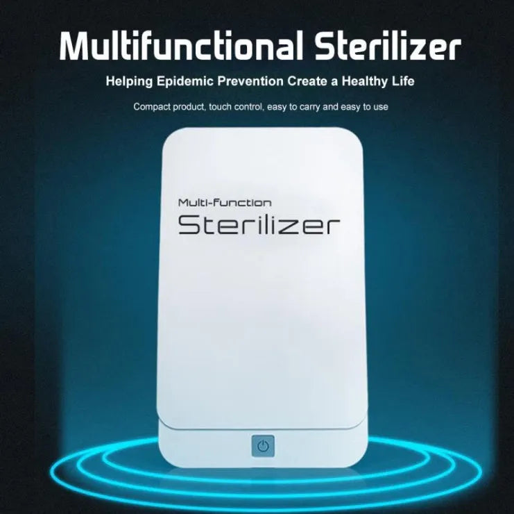 Blue UV light phone steriliser box with closed lid on a table, dimensions 205x120x35mm.