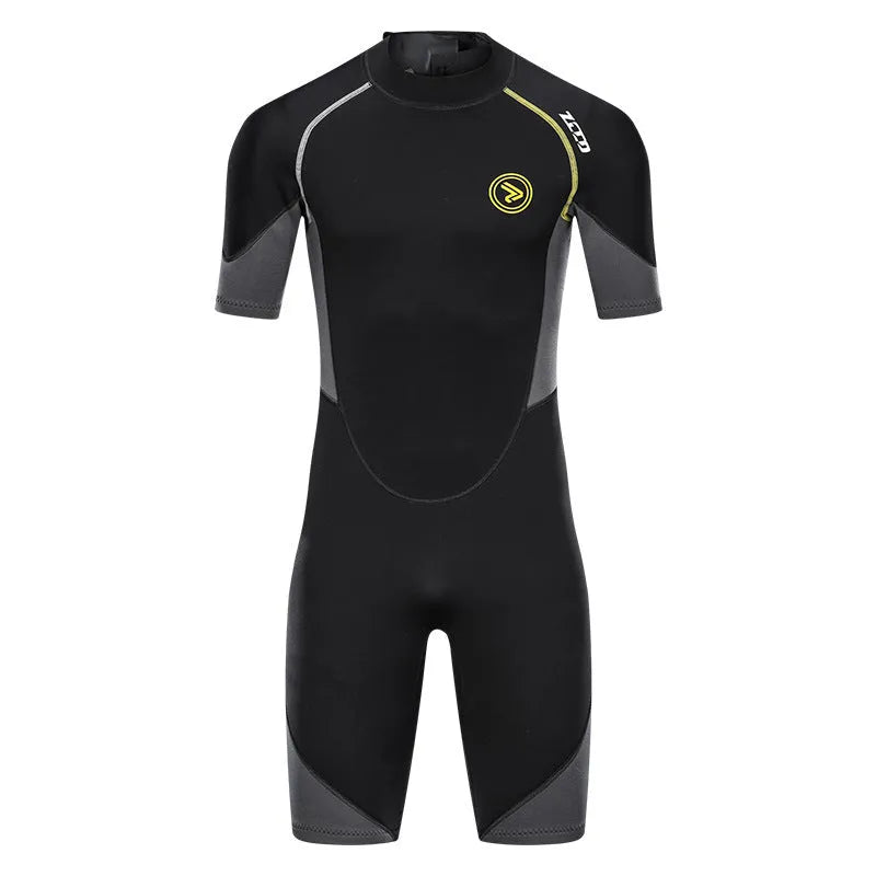 Men's black SCR neoprene short sleeve swim top with round neck and YKK zipper