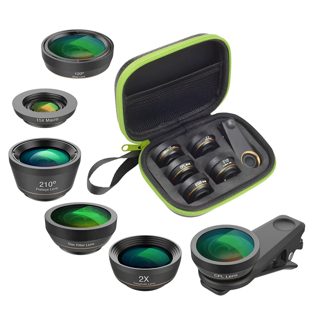 6-in-1 universal smartphone camera lens kit showing fisheye, wide angle, macro and telephoto lenses in black aluminium housings
