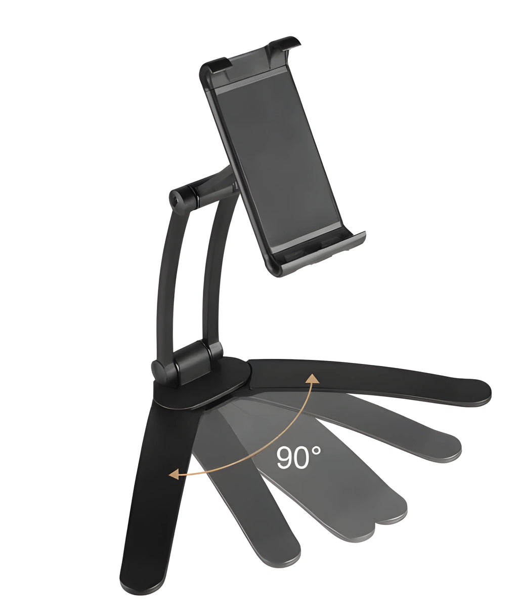 Silver aluminum alloy adjustable tablet stand holding a tablet with 360-degree rotation capability