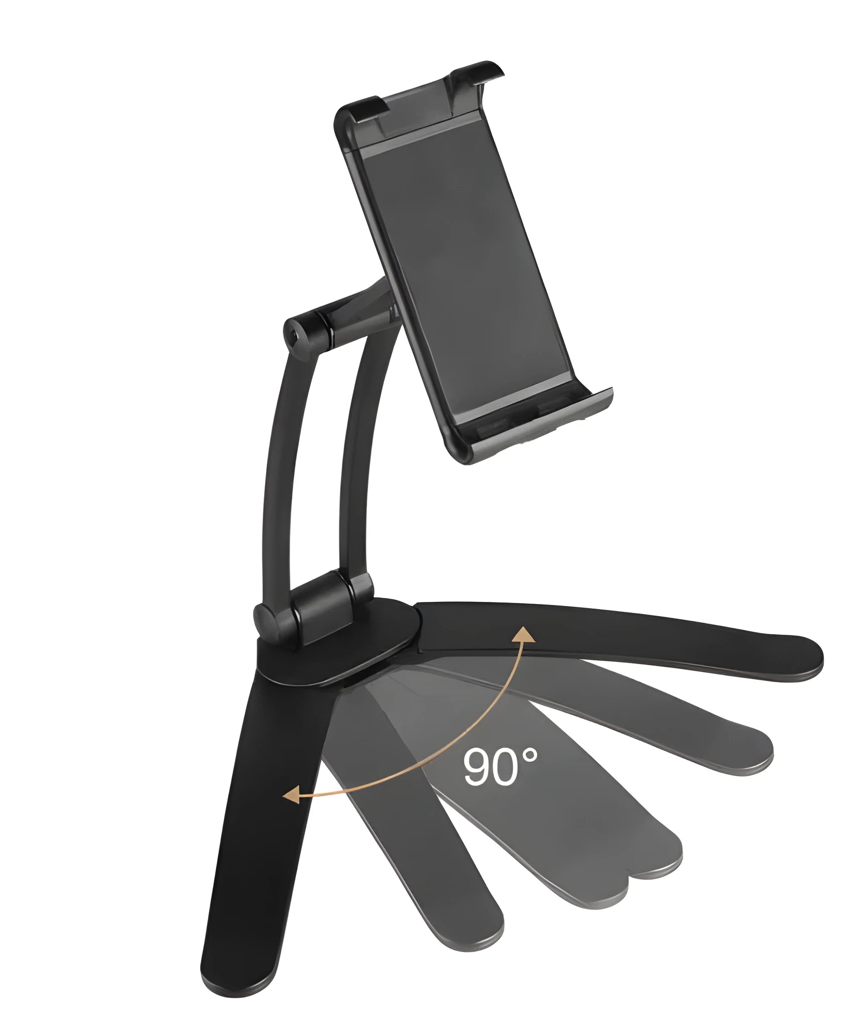 Silver aluminum alloy adjustable tablet stand holding a tablet with 360-degree rotation capability