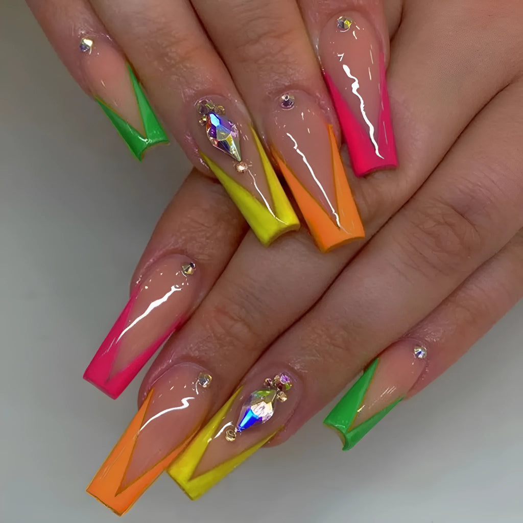 Detachable press-on nail tips in diamond colour French style with a red cartoon love cross heart pattern.