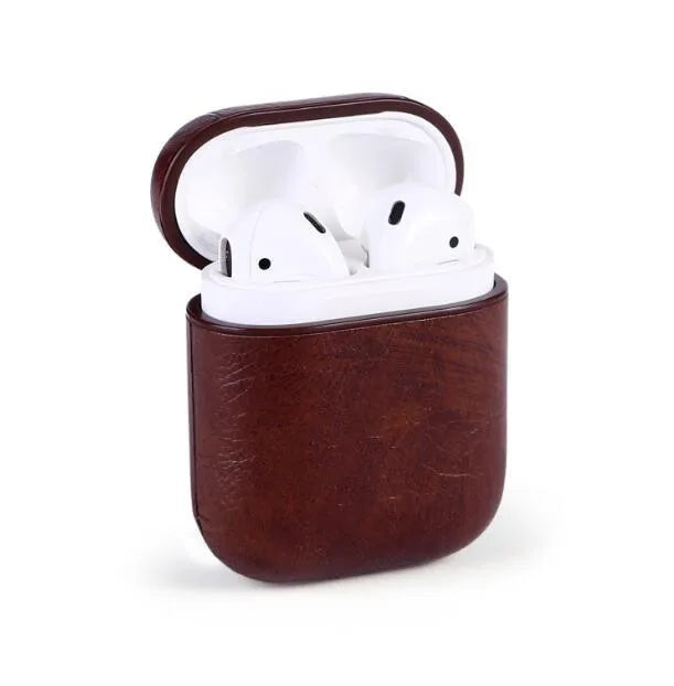 Leather protective pouch case for Apple Airpods in black, brown, light brown, and red colour options.